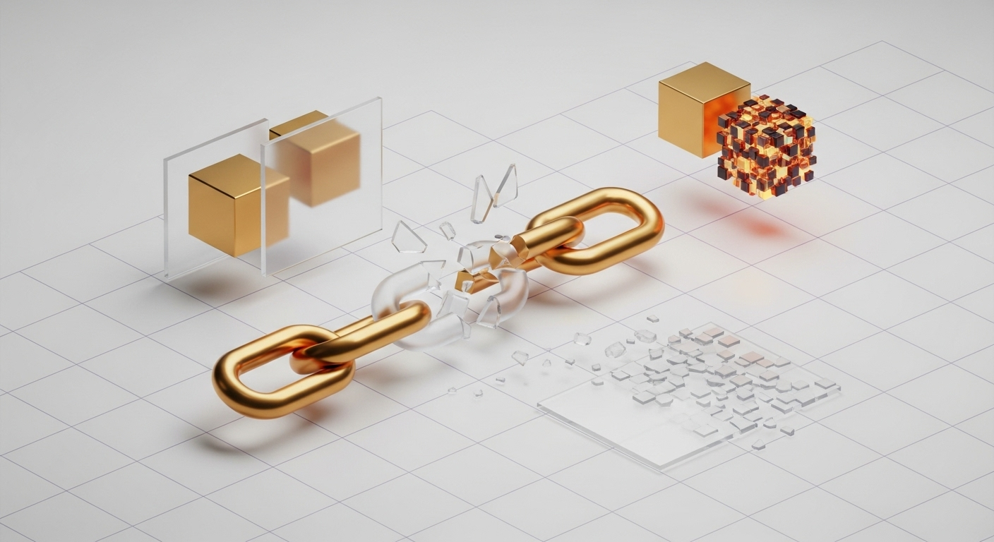 An abstract image showing a golden chain with a shattering glass link, symbolizing the break from traditional systems and the transformation of physical assets into secure digital blocks.